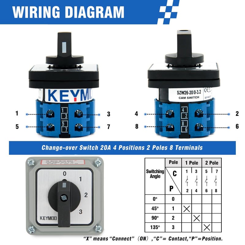 Keymoo 20A Rotary Changeover Switch with Box, 660V 4 Position 2 Poles 8 Terminals, Blue Universal Selector Switch with Fork Terminals, IP65 (4 Positions 2 Poles - Blue) - Image 3